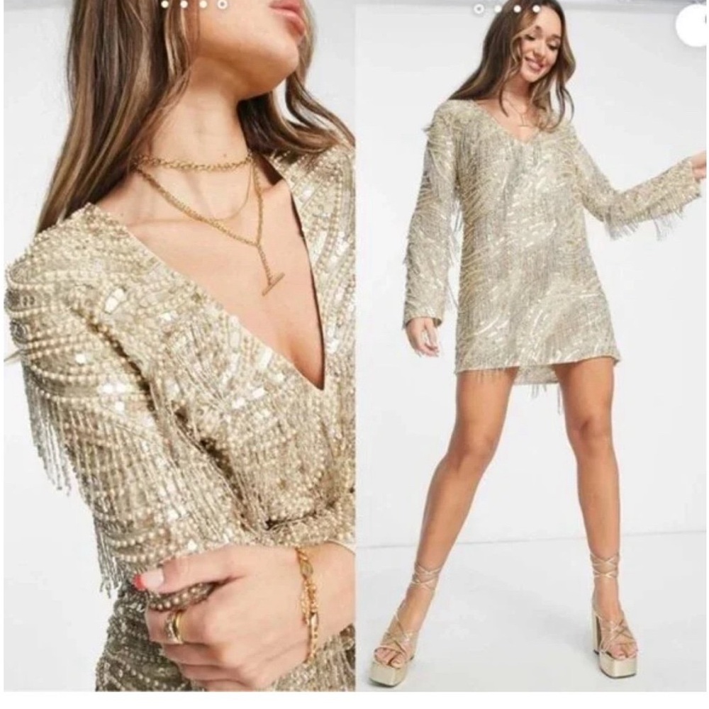 ASOS gold beaded sheath dress